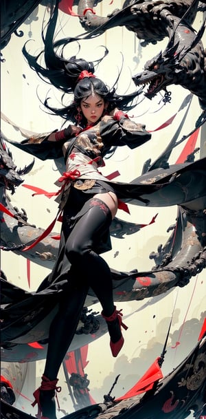 Best quality, masterpiece, ultra high res, 1 girl, beautiful face, detailed skin, gu, dragon, full body, weapon, black hair, holding a ribbon and swinging a gleaming weapon of war, blood, arm guards, male focus, looking at viewer, black eyes, tabi, floating hair, full body, slender legs, red yellow white and black, saramonial ribbons of war that slash tear and kill, the drums of battle are sounding, hands up,Detailedface