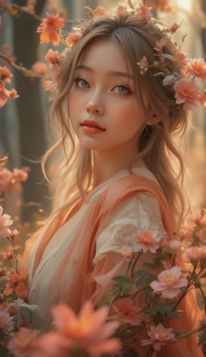 Portrait of a Caucasian beautiful girl holding the most delicate flower, blured forest background, morning sunrise, 8k