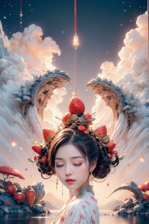 Strawberry 1girl,Sweet,Kawaii,Looks at viewer, A Chinese ancient beauty is praying, with hands clasped together, eyes closed in silence, wearing a solemn yet beautiful expression, White Background,portrait