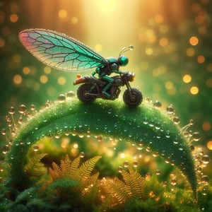 cute moss covered dewy robot insects, close up in a dewy rain forest, In a tilt-shift, macro-photographed scene with a shallow depth of field, a tiny, iridescent robotic insect, on a leaf, riding a motorcycle, its body a mesmerizing mosaic of microscopic mirrors and gears, perches on the velvety, emerald-green edge of a dew-kissed leaf, surrounded by a constellation of glistening, crystal-like droplets that refract and reflect the soft, golden light filtering through the forest canopy above, amidst a tapestry of intricate, lace-like ferns and moss-covered twigs, with the blurred, bokeh-rich background a warm, earthy blend of umber, sienna, and olive hues.