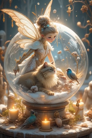 A whimsical tableau featuring a beautiful small woman fairy with delicate, shimmering wings, all trapped inside a magical, transparent ice bubble. Her enchanting presence is surrounded by a soft, frosty glow. Inside the bubble, a fluffy cat with a luxurious curly mustache sits beside her, gazing up at her with curiosity. Nearby, a charming bird flutters just inside the icy sphere, its vibrant plumage ruffled by a gentle, frosty breeze. The scene is bathed in warm, golden light, creating a striking contrast between the cold, magical atmosphere and the cozy, whimsical charm of the moment.