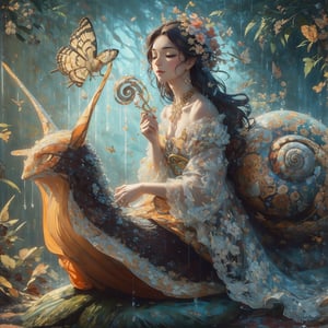 Anthropomorphic snail wizard in a forest holding a magic staff, fantasy, digital art, a diminutive gently crying little man riding on a snail with tears as big as dew drops sitting in the rain on a leaf covered by moss under a large flower with a hole in it where rain gets in, rainy forest background, tiny flowers, sparkling with dew and rain drops, red orange and yellow colors through dappled sunlightParameters

Prompt: best quality Michael Cheval style illustration, (((eyes closed))), very beautiful,l turquoise blue lace, swirling hair, spirals, high quality, highly detailed, Imagine an extraordinary illustration inspired by the fusion of Alphonse Mucha, Katsushika Hokusai, and Zdzisław Beksiński, The composition blend Mucha's art nouveau elegance, Hokusai's masterful ukiyo-e style, and Beksiński's surreal and haunting atmospheres, The central theme revolve around a serene yet surreal scene, featuring gracefully posed figures adorned with intricate art nouveau patterns, set against a backdrop of surreal landscapes that evoke both beauty and an otherworldly sense of mystery, The color palette would be a delicate fusion of Mucha's soft pastels, Hokusai's vibrant ukiyo-e hues, and Beksiński's moody and ethereal tones, by yukisakura, high detailed, Test, by alex1shved, highly realistic, ruddy skin, beautiful, full lips, smiling, feeling of lightness and joy, hyperrealism, skin very elaborated, direct gaze, by alex1shved,CyberMechaGirl,
