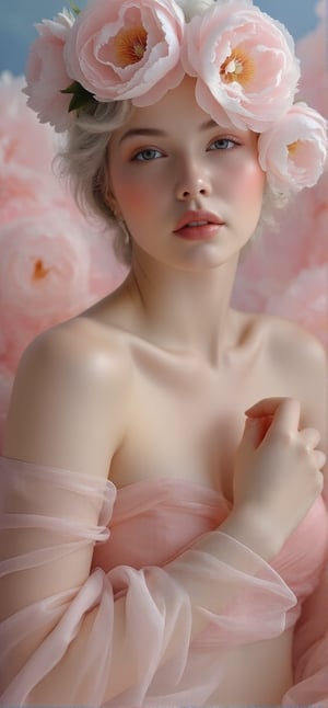 photorealistic surreal digital painting.pop surrealism. A portrait of an beautiful woman exuding youth and naivete, with pale skin, white hair cascading with soft pink flowers in it. She is wearing a sheer gossamer gown adorned with soft intricate patterns in relief standing amidst surreal pink clouds. Her hands rest on her chest, creating a sense of whimsicality and sophistication. The background features a soft-focus effect, adding depth to the scene, in the style of Miss Aniela and Marianna Rothen ,Auguste Renoir ~ Paul Peel ~ John Singer Sargent ~ Alexandre-Jacques Chantron ~ John William Godward ~ John William Waterhouse ~ Han-Wu Shen ~ Ishitaka Amano ~ Chakrapan Posayakrit ~ Kim Jung Gi ~ Kei Mieno ~ Ikushima Hiroshi ~ WLOP ~ William-Adolphe Bouguereau ~ Alphonse Mucha ~Luis Royo ~ Range Murata ~ Jock Sturges photography ~ David Hamillton photography ~ Rustic Sketchbook Style, Sketch Book, Hand Drawn, Dark, Gritty, Realistic Sketch, Rough Sketch, Mix of Bold Dark Lines and Loose Lines, Bold Lines, On Paper, Turnaround Character Sheet, Natural Light, Dynamic, Highly Detailed, Watercolor Painting, Watercolor Paper, Artstation, Concept Art, Smooth and Crisp, Sharp Focus, Illustration, Goth girl ,sparkles,in the style of vargas