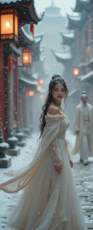 Snow-kissed beauty strides forward, gaze locked on the viewer as she glances over her shoulder. Framed by a warm glow from nearby lanterns, her porcelain complexion and rosy cheeks radiate amidst the winter wonderland's serene silence. In the background, a white--robed scholar navigates the ancient city's cobblestone streets, wisps of fog swirling around him like ethereal whispers.