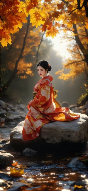 A beautiful mid 30 year old geisha woman kneels atop a flat white gray stone plaque imbedded in the creek bed, kneeling to offer prayer and contemplation, a stone shrine of one flat transluscent white gray river stone, she wears a kimono of colores echoing he autumn forest leaves, in an autumn old tree line from gnarly and caved trees age of Methuselah, sparkling swallow puddles, with fallen leaves in them. The light filtering through the graying leaves glistens on the tiny drops of water. Vivid warm colors. One point perspective, fading. In the style of István Orosz and Josephine Wall and Takashi Murakami.