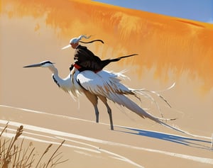 Beautiful flat desert landscape of a 3d video game vista main character riding a large tall bird similar to the great blue heron, endless miles of blowing sand dunes, riders in the far distance, blue skies with billowing white clouds pink tinged, blowing boiling swirling wind, blowing leaves of grass, dark yellow and azure, majestic, sweeping seascapes, photorealistic representation, graceful balance, wimmelbilder, Andrew Wyeth, orange, Leaves of Grass, Andrew Wyeth