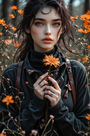 Portrait of a Dutch-Lapland beautiful young lady holding the most delicate flower, deap black contrast, blurred forest background, foreground and background covered in flowers, morning sunrise, 8k