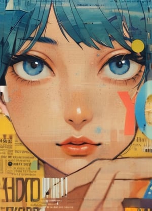 News paper collage, magazine collage, illustration of a girl with blue hair, art print, in the style of dark yellow and light azure, water drops, bold manga lines, the stars art group (xing xing) , i can't believe how beautiful this is, dark yellow and orange, hyper-detailed --ar 71:98 --stylize 750 --v 6