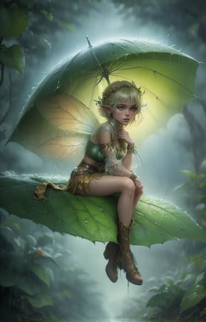 pixie girl on a leaf in the rain The agis man and the world of space adventure, photo realism, 8k resolution,