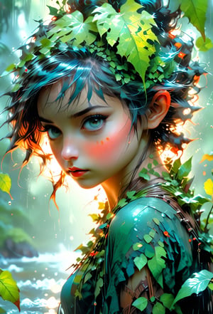 an autumn leaf pixie girl on a leaf in the rain, very wet with rain, the autumn leaf pixie and the world adventure, photo realism, 8k resolution, garden, trending on artstation, 4k, intricate details, highly detailed, pencil drawing, sketching, unreal engine, greg rutkowski, loish, rhads, beeple, makoto shinkai and lois van baarle, ilya kuvshinov, rossdraws, tom bagshaw, alphonse mucha, oil painting, heavy strokes, paint dripping, oil painting, heavy strokes, paint dripping