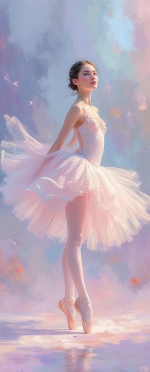 En Pointe Élan: A beautiful young woman stands tall, facing the camera, teasing the camera, her slender form poised in perfect balance as she holds the delicate curve of her leg aloft. Soft brushstrokes dance across the canvas, blending pastel hues of pale pink, lavender, and mauve to evoke a dreamlike quality. The ballerina's porcelain skin glows with a subtle luminescence, while her tutu unfolds like a wispy cloud around her ankles. A tapestry of colors - whispery blues, mauves, and pinks - unfurls behind her, evoking the soft focus of an impressionist landscape at dawn. The air is alive with movement, as if the very fabric of reality has been suspended in time to capture this fleeting moment of ethereal beauty.