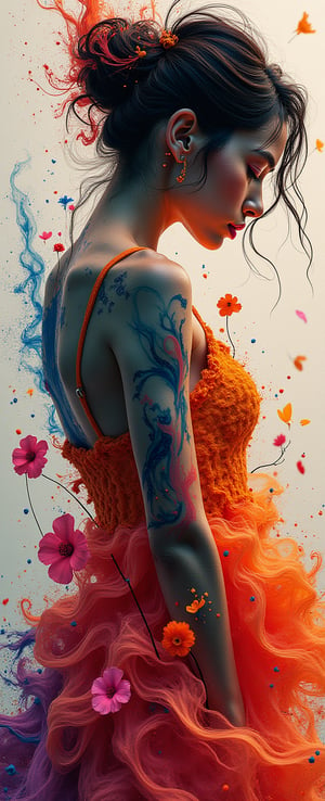 Colorful beautiful woman: ultra beautiful woman full body shot head to toe, long shot, Black ink flow: 8k resolution photorealistic masterpiece: by Aaron Horkey and Jeremy Mann: intricately detailed fluid gouache painting: by Jean Baptiste Mongue: calligraphy: acrylic: watercolor art, professional photography, natural lighting, volumetric lighting maximalist photoillustration: by marton bobzert: 8k resolution concept art intricately detailed, complex, elegant, expansive, fantastical, Golden Eyes. logo design