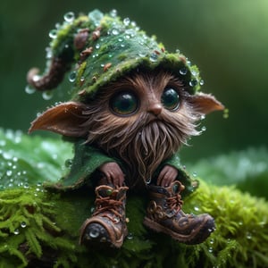 A cute diminutive moss covered dewy male male wizard, wrinkled old looking skin, close up in a dewy rain forest, intricate wizarding costume cragged materials, In a tilt-shift, macro-photographed scene with a shallow depth of field, a tiny, iridescent mystic wizard, intricate gnarled leather wizarding boots, its body a mesmerizing mosaic of microscopic mirrors and gears, perches on the velvety, emerald-green edge of a dew-kissed leaf, surrounded by a constellation of glistening, crystal-like droplets that refract and reflect the soft, golden light filtering through the forest canopy above, amidst a tapestry of intricate, lace-like ferns and moss-covered twigs, with the blurred, bokeh-rich background a warm, earthy blend of umber, sienna, and olive hues.