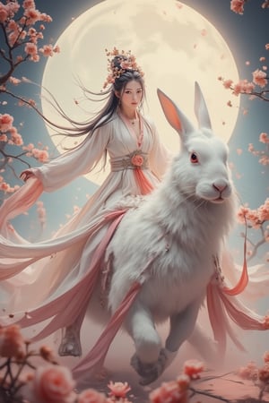 A young woman in a beautiful white hanfu rides on the back of a giant white rabbit on a soft, patterned fabric. She is adorned with delicate floral hair ornaments and a red tassel hangs from her waist. Her expression is serene and elegant, her gaze directed towards the viewer. she is riding on the back of a giant 40 foot tall white rabbit her, her legs hang down gracefully, side saddle, like a lady, adding a touch of innocence and charm to the scene. The background features a large moon, creating a sense of cultural richness and mystique.