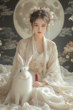 A young woman in a beautiful white hanfu sits on a soft, patterned fabric. She is adorned with delicate floral hair ornaments and a red tassel hangs from her waist. Her expression is serene and elegant, her gaze directed towards the viewer. A white rabbit sits beside her, adding a touch of innocence and charm to the scene. The background features a large moon, creating a sense of cultural richness and mystique.