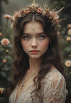 A stunning photorealistic portrait of a breathtakingly beautiful girl gazes directly into the camera's lens from a tight, full body shot. Her porcelain doll-like complexion and luscious locks are set against a lush backdrop of ancient flowers in full bloom within a serene garden, as if transported straight from a mythical realm.