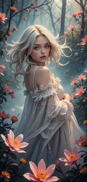 Ethereal beauty, ultra beautiful blonde dutch woman, fog, light, dust, royal fractal, holographic cosmic flowers, illustration, mixed technique by Pablo Amaringo "Merriam, Nikolina Petolas, Peter Grik, Dariusz Klimczak, surreal hallucinatory, intricately detailed sharp focus", digital art, perfect composition, beautiful detailed, intricate, insanely detailed octane rendering trending on artstation, 8k art photography, photorealistic concept