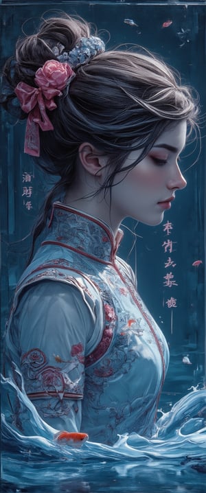 Photo, realistic, light refraction, ultra beautiful woman full body (( quarter profile acrylic with goldfish and yì jì illustration embedded in desk)),  llngsh AND 1920s yì jì, face, brunette, héfú goldfish look like they are swimming in Chinese letter panterns that spell ni hao, deep blue and light blue gradation, very beautiful, cool feeling piece,  