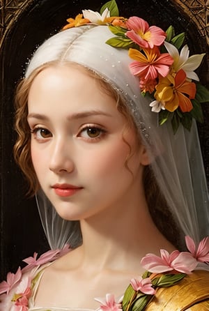 Beautiful detailed frost frost frosty Hawaiian white orange yellow winter queen soft many pink Hawaiian flowers hyperdetailed portrait 8k Leonardo da Vinci,oilpainting