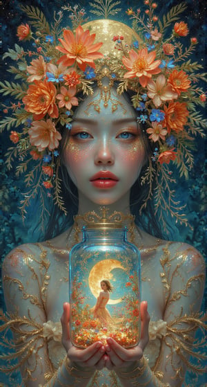 (symmetry: 1.1) (floral portrait: 1.05) a mulatto woman as a FAIRY OF THE FOREST, (assassins creed style: 0.8), pink and gold and opal color scheme, beautiful and intricate filegrid face painting, intricate, elegant, highly detailed, digital painting, art station, concept art, smooth, sharp focus, illustration, art by Greg Rutkowski and Alphonse Mucha, 8K Moon fairy kneeling, quarter moon shining small inside jar, filled with peach isometric shot inside a glass jar looking out, gossamer, short skirt blue, yellow gold red and orange, chrysanthemum, nighttime, stardust. Fairytale, rococopunk, delicate studio artist model. Best quality, oil painting on canvas. Coby Whitmore, Ray Caesar, Lichtenstein, Fragonard, Van Gogh. Surrealism. Exquisitely detailed luminous portrait moon. Moon, clouds, waves, ocean, glow, bioluminescence. 18th century masterpiece, Vogue fashion illustration, delicate embroidery. Perfect red lips, Perfect face, delicate face, perfect eyes, detailed pupils. By Maya, water,Masterpiece,perfect