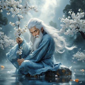 Old mythical Chinese King with long white hair and gentle eyes, wearing a kimono made of water, holds a cherry blossum and flower twig sitting in quarter profile on a gray white stone, shimmering light water blue, oil painting, 8k resolution,