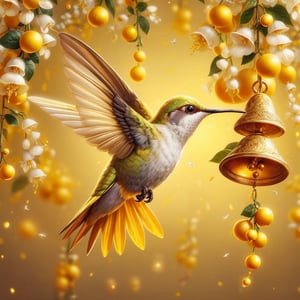 to happily jingle golden yellow hummingbirds, berries white hanging petals nectar, 8k resolution,Bird