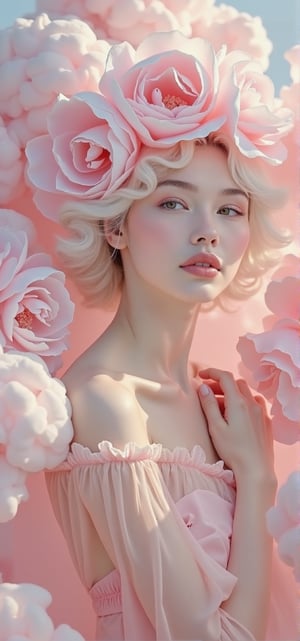 photorealistic surreal digital painting.pop surrealism. A portrait of an beautiful woman exuding youth and naivete, with pale skin, white hair cascading with soft pink flowers in it. She is wearing a sheer gossamer gown adorned with soft intricate patterns in relief standing amidst surreal pink clouds. Her hands rest on her chest, creating a sense of whimsicality and sophistication. The background features a soft-focus effect, adding depth to the scene, in the style of Miss Aniela and Marianna Rothen ,Auguste Renoir ~ Paul Peel ~ John Singer Sargent ~ Alexandre-Jacques Chantron ~ John William Godward ~ John William Waterhouse ~ Han-Wu Shen ~ Ishitaka Amano ~ Chakrapan Posayakrit ~ Kim Jung Gi ~ Kei Mieno ~ Ikushima Hiroshi ~ WLOP ~ William-Adolphe Bouguereau ~ Alphonse Mucha ~Luis Royo ~ Range Murata ~ Jock Sturges photography ~ David Hamillton photography ~ Rustic Sketchbook Style, Sketch Book, Hand Drawn, Dark, Gritty, Realistic Sketch, Rough Sketch, Mix of Bold Dark Lines and Loose Lines, Bold Lines, On Paper, Turnaround Character Sheet, Natural Light, Dynamic, Highly Detailed, Watercolor Painting, Watercolor Paper, Artstation, Concept Art, Smooth and Crisp, Sharp Focus, Illustration, Goth girl ,sparkles,in the style of vargas