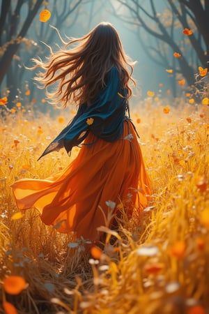 a girl walking through a field, very windy, very tall dry grass, blowing boiling swirling wind, plowing leaves of grass, in the style of ethereal trees, dark yellow and azure, majestic, sweeping seascapes, photorealistic representation, graceful balance, wimmelbilder, orange --ar 72:101 --stylize 750 --v 6