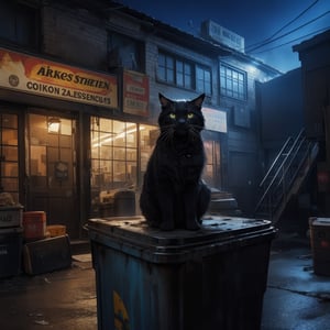An intense dirty scrappy black cat sitting on top of a huge old metal garbage can, Hollywood lighting, behind a rundown old hippy record store in a dirty alley, dark dimly lit blue night sky with stars, dust, 8k resolution,