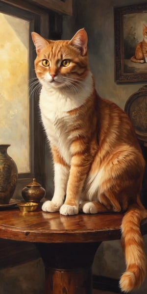 The orange cat, amber eyes, sitting still on an antique wooden round table Thai style, his expression was curious, The walls were simple oil paints, the tone was dark, and the light catching the cat made it stand out. Watercolor art with detailed brush strokes, highlighted, dark palette, high resolution and contrast, high colour contrast, intricately textured and detailed, deep focus, depth of field, ultra quality, ink art, Pomological Watercolor, ,cat