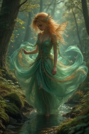 In a tranquil morning light, a mesmerizing full-body shot captures an ethereal elven fairy dancing amidst lush forest foliage. Dappled sunlight filters through moss-covered trees as she twirls, her silk attire glistening with dew, subtly shimmering like the creek's gentle brook. Butterfly-inspired elegance unfurls as she swirls around verdant underbrush, her dress dissolving into swirling turquoise and gold smoke, revealing intricate patterns that defy reality in a surreal scene of breathtaking beauty.