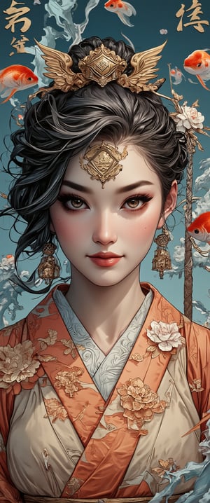 Photo, realistic, light refraction, ((acrylic with goldfish illustration embedded in desk)),  llngsh AND 1920s geisha, face, brunette, kimono goldfish look like they are swimming in Chinese letter panterns that spell ni hao, deep blue and light blue gradation, very beautiful, cool feeling piece, front view of face and full body head to toe angel woman facing the camera, full color Sketch book, highly detailed hand drawn, light, realistic sketch, dark orange and gold chiffon linen and flowing gossamer with ruffled silk under garments dress braded dark brown hair Rough sketch, mix of bold dark lines and loose lines, bold lines, on paper, beautiful angel facing camera, character model sheet, back view included on character sheet. female, Full body, runes, light hero theme, flowing partially braided hair, beautiful 8k photorealistic, 