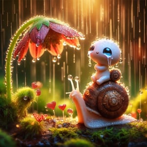 a diminutive gently crying little man riding on a snail with tears as big as dew drops sitting in the rain on a leaf covered by moss under a large flower with a hole in it where rain gets in, rainy forest background, tiny flowers, sparkling with dew and rain drops, red orange and yellow colors through dappled sunlight

