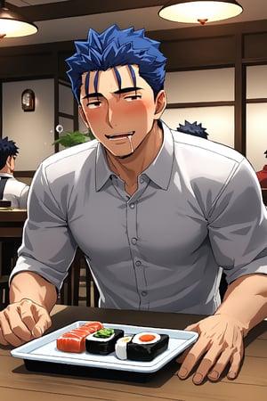 SCORE_9, SCORE_8_UP, 1BOY, MATURE MALE, FORMALWEAR, SHIRT, AT TABLE IN RESTAURANT, SUSHI, HASHI, BLUSHES, DRUNK, DROOLING FOR FUN, HANDSOME, INTRICATE EYES, MANLY MALE, 3D, CEL-SHADING, SOURCE_ANIME, RATING_QUESTIONABLE, blue hair,lancer_fsn