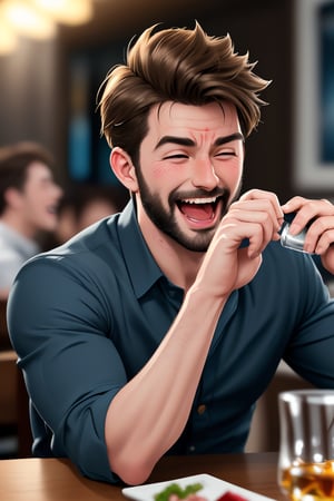(professional 3d ANIME, cel-shading), perfectly-shaped highquality manly handsome masculine Belgian male person at the table in the restaurant ,    cheering, energetic, WHISKY on table, sushi, cheers, SHORT MASCULINE  HAIR, mean, evil, (facialhair, blushes hard insanelyhillariouslaughing while drunk   for fun:1.3), WEARING RENDERED FULLY-CLOTHED MALEWEAR, HE HIS HIM ONLY, impressive realistic, PERFECTLY-SHAPED MALE HANDSFINGERS MOVEMENT, truly detailed,  extremely vibrant colorful matte tones, masterpiece, inspired by real professional happilydrunk hillarious MALE   ACTOR, depth of field, soft focus blurring the background, male focus ,  only realistic, real, epic,   
