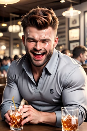 (professional 3d ANIME, cel-shading), perfectly-shaped highquality manly handsome masculine male person at the table in the restaurant , REAL CARTOON,   cheering, energetic, WHISKY on table, sushi, cheers, SHORT MASCULINE  HAIR, mean, evil, (facialhair, blushes hard insanelyhillariouslaughing (drooling) while drunk   for fun:1.3), WEARING RENDERED FULLY-CLOTHED MALEWEAR, HE HIS HIM ONLY, impressive realistic, PERFECTLY-SHAPED MALE HANDSFINGERS MOVEMENT, truly detailed,  extremely vibrant colorful matte tones, masterpiece, inspired by real professional happilydrunk hillarious MALE   ACTOR, depth of field, soft focus blurring the background, male focus ,  only realistic, real, epic,   ,jaeggernawt