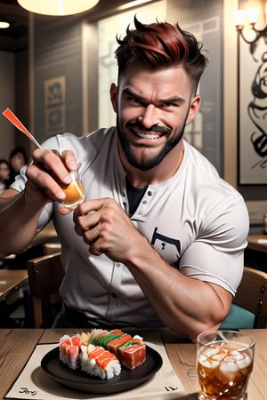 (professional 3d ANIME, cel-shading), perfectly-shaped highquality manly handsome masculine male person at the table in the restaurant ,  SYMMETRY, ACCURATE INTRICATE MALE HEAD AND FACE, cheering, energetic, WHISKY on table, sushi, cheers, SHORT MASCULINE  HAIR, MUSTACHE, FACIAL HAIR, BEARD, mean, evil, (facialhair, blushes hard EVILGRIN while drunk   for fun:1.3), WEARING RENDERED FULLY-CLOTHED MALEWEAR, HE HIS HIM ONLY, impressive realistic,  truly detailed,  extremely vibrant colorful matte tones, masterpiece, inspired by real professional happilydrunk MALE   ACTOR, depth of field, soft focus blurring the background, male focus ,  only realistic, real, epic,   ,jaeggernawt
