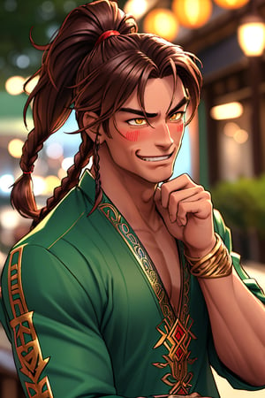 (professional 3d ANIME, cel-shading), perfectly-shaped highquality manly handsome masculine male person at the GARDENtable in the OUTDOORSrestaurant AT buzy street in japan,JEWELRY, PONYTAIL,  SYMMETRY, ACCURATE INTRICATE MALE HEAD AND FACE,     sushi, cheers, twin braids, YELLOW EYES, mean, evil, (  blushes hard EVILGRIN while drunk for fun:1.3), so cool!, WEARING RENDERED FULLY-CLOTHED MALEaladinWEAR, HE HIS HIM ONLY,  impressive realistic,  truly detailed,  extremely vibrant colorful matte tones, masterpiece, inspired by real professional happilydrunk (Zafir) MALE   ACTOR, depth of field, soft focus blurring the background, male focus ,  only realistic, real, epic,  ,Zafir,brown hair