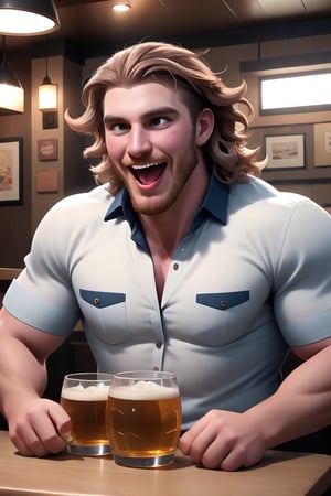 (masterpiece, only realistic, high quality), image of a handsome masculine manly WELSH MAN called herin, pale-brown long messy wavy hair,  beard, wearing collared shirt, at the table, in restaurant, (drunk, blush, mouth open, drooling, laugh:1.1), beer, sake, drink, highres, uhd, fun