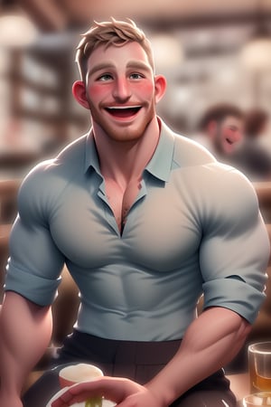 (masterpiece, only realistic, high quality), image of a handsome masculine manly Welsh man called Herin, medium hair, brown hair, beard, wearing collared shirt, at the table, in restaurant, ((drunk, blush, mouth open, laughing:1.2)), sake, party, happy, cheers