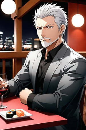 score_9, 1boy, male Archer_\(Fate_Zero\), bara, source_anime, UFOTable, grey hair, sitting at the table, restaurant, 清酒, 日本酒, visibly drunk for fun, blushes, bubbles, sushi, soft-focused restaurant background, blushing, cel-shading, 3d anime, unreal engine,