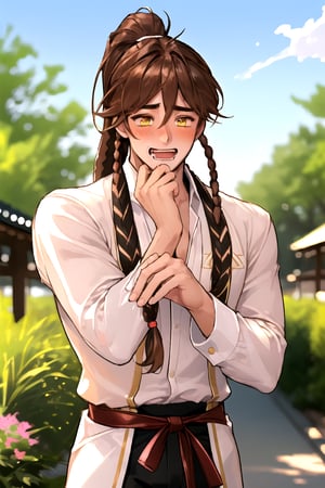 male focus, (professional 3d ANIME, cel-shading), perfectly-shaped highquality manly handsome masculine male person at the GARDENtable in the OUTDOORSrestaurant AT buzy street in japan,JEWELRY, PONYTAIL,  SYMMETRY, ACCURATE INTRICATE MALE HEAD AND FACE,     sushi, cheers, twin braids, YELLOW EYES, mean, evil, ( blushes hard insanelyhillariouslaughing (drooling) while drunk for fun:1.3), so cool!, WEARING RENDERED FULLY-CLOTHED MALEaladinWEAR, HE HIS HIM ONLY,  impressive realistic,  truly detailed,  extremely vibrant colorful matte tones, masterpiece, inspired by real professional happilydrunk (Zafir) MALE   ACTOR, depth of field, soft focus blurring the background, male focus ,  only realistic, real, epic,  ,Zafir,brown hair,
