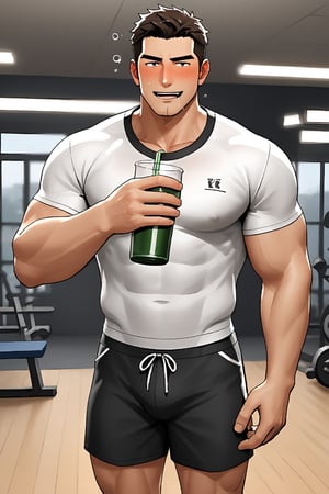 SCORE_9, SCORE_8_UP, 1BOY, MATURE MALE, SPORTSWEAR, SHIRT, SHORTS, AT THE GYM, DRINK, BLUSHES, DRUNK, MUSCULAR, SHORT HAIR, CHEERS, YATTA NE!, DROOLING FOR FUN, HANDSOME, INTRICATE EYES, MANLY MALE, 3D, CEL-SHADING, SOURCE_ANIME, RATING_QUESTIONABLE,  ,sh4wnman