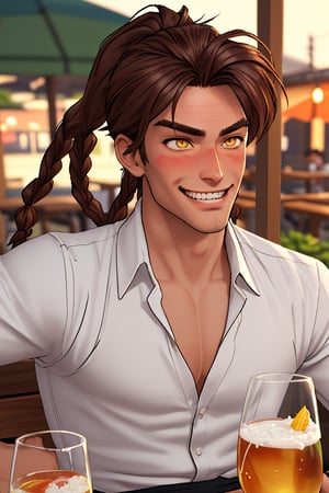 (professional 3d ANIME, cel-shading), perfectly-shaped highquality manly handsome masculine male person at the GARDENtable in the OUTDOORSrestaurant AT buzy street in japan,JEWELRY, PONYTAIL,  SYMMETRY, ACCURATE INTRICATE MALE HEAD AND FACE,   WHITE HAIR,    sushi, cheers, SHORT MASCULINE HAIR, twin braids, YELLOW EYES, mean, evil, (  blushes hard EVILGRIN while drunk for fun:1.3), so cool!, WEARING RENDERED FULLY-CLOTHED MALEWEAR, HE HIS HIM ONLY,  impressive realistic,  truly detailed,  extremely vibrant colorful matte tones, masterpiece, inspired by real professional happilydrunk (Zafir) MALE   ACTOR, depth of field, soft focus blurring the background, male focus ,  only realistic, real, epic,  ,Zafir,brown hair