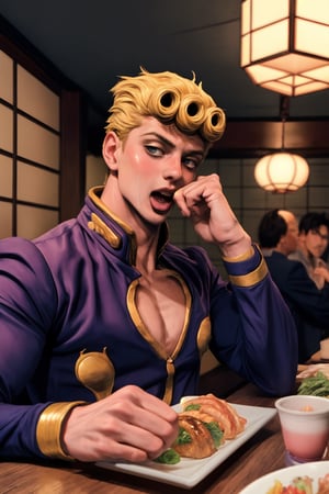 handsome fashion muscular Giorno Giovanna male person at the table in the japanese restaurant, drooling, blushes, (visibly drunk for fun:1.3), impressive realistic, truly detailed, mouth open, extremely vibrant colorful matte rainbow tones, masterpiece, inspired by GiornoGiovanna_\(JoJo anime\), 