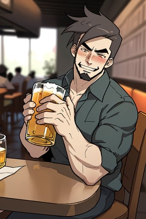 (professional 3d, cel-shading), highquality manly handsome masculine male person evilgrin while insanly drunk for fun at the table in the restaurant , holding BEERmug, cheering, energetic, WHISKY, short HAIR, mean, evil, (facialhair, blushes hard evil drunk   for fun:1.3), WEARING RENDERED FULLY-CLOTHED, impressive realistic, truly detailed,  extremely vibrant colorful matte rainbow tones, masterpiece, inspired by real professional MALE   ACTOR, depth of field, soft focus blurring the background, male focus ,  only realistic, real, epic, creedo_mateo