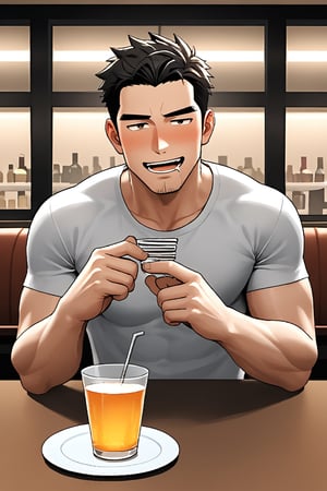 SCORE_9, SCORE_8_UP, 1BOY, MATURE MALE, FORMALWEAR, SHIRT, AT TABLE IN RESTAURANT, DRINK, BLUSHES, DRUNK, MUSCULAR, SHORT HAIR, CHEERS, YATTA NE!, DROOLING FOR FUN, HANDSOME, INTRICATE EYES, MANLY MALE, 3D, CEL-SHADING, SOURCE_ANIME, RATING_QUESTIONABLE,  ,sh4wnman
