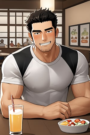SCORE_9, SCORE_8_UP, 1BOY, MATURE MALE, FORMALWEAR, SHIRT, AT TABLE IN RESTAURANT, DRINK, BLUSHES, DRUNK, MUSCULAR, SHORT HAIR, CHEERS, YATTA NE!, DROOLING FOR FUN, HANDSOME, INTRICATE EYES, MANLY MALE, 3D, CEL-SHADING, SOURCE_ANIME, RATING_QUESTIONABLE, ,Lucas_Lee