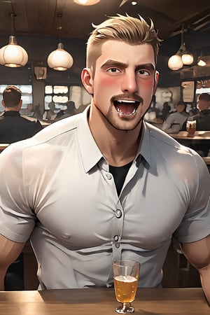 SCORE_9, SCORE_8_UP, 1BOY, MATURE MALE, FORMALWEAR, SHIRT, AT TABLE IN RESTAURANT, DRINK, BLUSHES, mouth open, insanely DRUNK for fun, MUSCULAR, SHORT HAIR, CHEERS, YATTA NE!, DROOLING while laughing FOR FUN, HANDSOME, INTRICATE EYES, MANLY MALE, 3D, CEL-SHADING, SOURCE_ANIME, RATING_QUESTIONABLE, ,r0bbi3r0bbi3