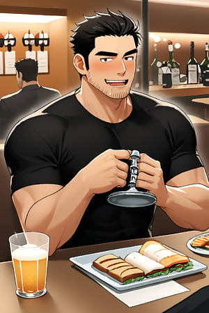 SCORE_9, SCORE_8_UP, 1BOY, MATURE MALE, FORMALWEAR, SHIRT, AT TABLE IN RESTAURANT, DRINK, BLUSHES, DRUNK, MUSCULAR, SHORT HAIR, CHEERS, YATTA NE!, DROOLING FOR FUN, HANDSOME, INTRICATE EYES, MANLY MALE, 3D, CEL-SHADING, SOURCE_ANIME, RATING_QUESTIONABLE, RATING_VERYRETARDED ,Lucas_Lee